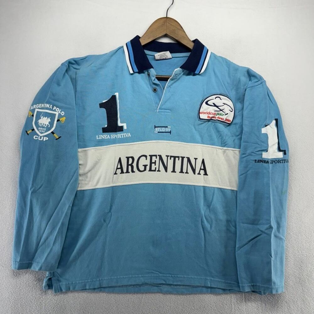 Vintage Argentina Rugby Shirt Men's Large Blue World Polo Cup Spellout Collared